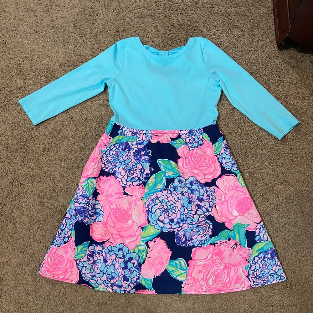 Lilly Pulitzer MOCHI DRESS High Tide Navy Hey Hey Bouquet Girls Size XL (12-14)